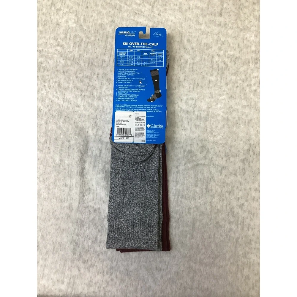 Columbia 2 Pack Ski Over-The-Calf Socks Red Grey Medium Thermolite EcoMade NEW.